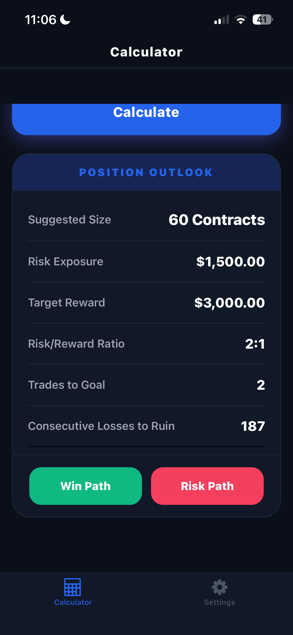 Futures and Forex Calculator Screen